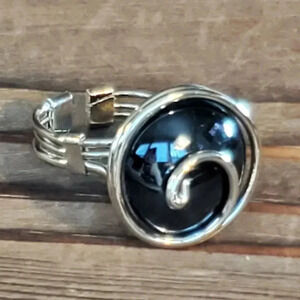 Handcrafted Edgy Opaque Black Silver Spiral Luster Glass Bauble Ring